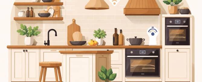 Küchenstudio Moderne Küche mit Holzakzenten, Zimmerpflanzen, Regalen, Herd, Backofen und Smart Home Wi-Fi-Symbolen über den Geräten.