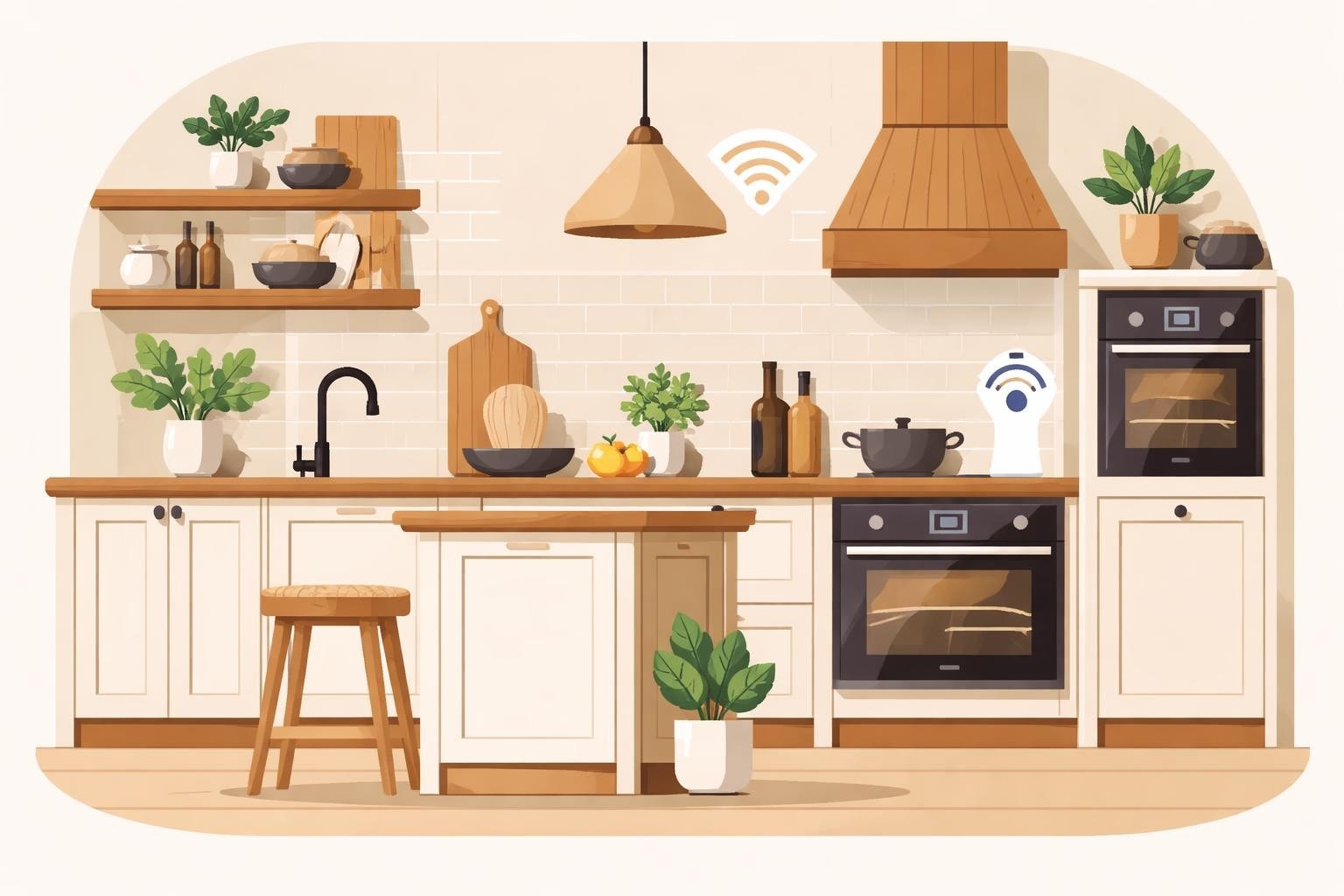 Küchenstudio Moderne Küche mit Holzakzenten, Zimmerpflanzen, Regalen, Herd, Backofen und Smart Home Wi-Fi-Symbolen über den Geräten.