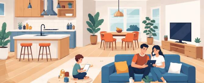 Küchenstudio Eine Familie sitzt in einem modernen, offen gestalteten Wohnzimmer mit Küche; zwei Erwachsene nutzen ein Tablet auf einer Couch, während ein Kind auf dem Boden mit einem Gerät spielt.