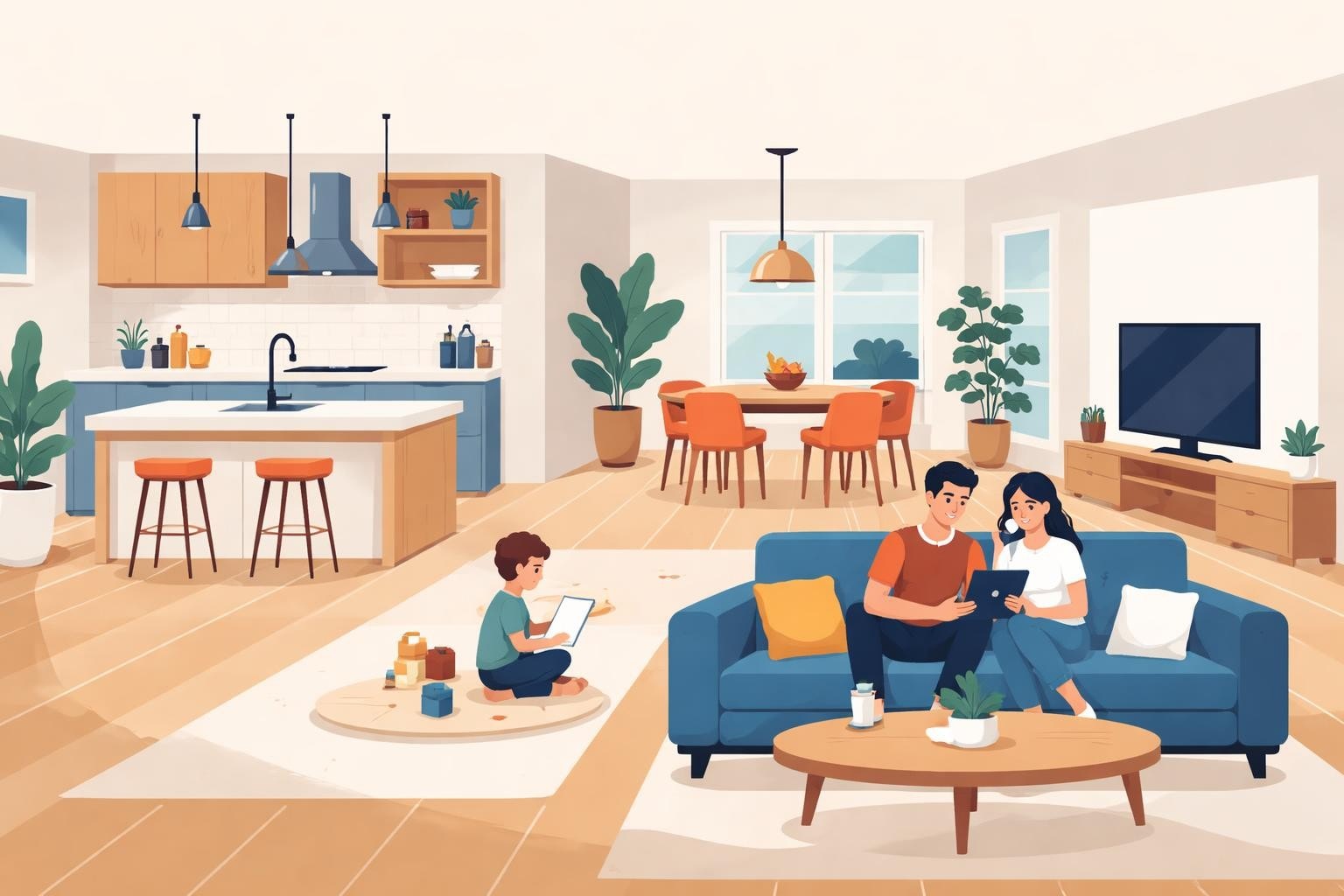 Küchenstudio Eine Familie sitzt in einem modernen, offen gestalteten Wohnzimmer mit Küche; zwei Erwachsene nutzen ein Tablet auf einer Couch, während ein Kind auf dem Boden mit einem Gerät spielt. Küchenstudio Eine Familie sitzt in einem modernen, offen gestalteten Wohnzimmer mit Küche; zwei Erwachsene nutzen ein Tablet auf einer Couch, während ein Kind auf dem Boden mit einem Gerät spielt.