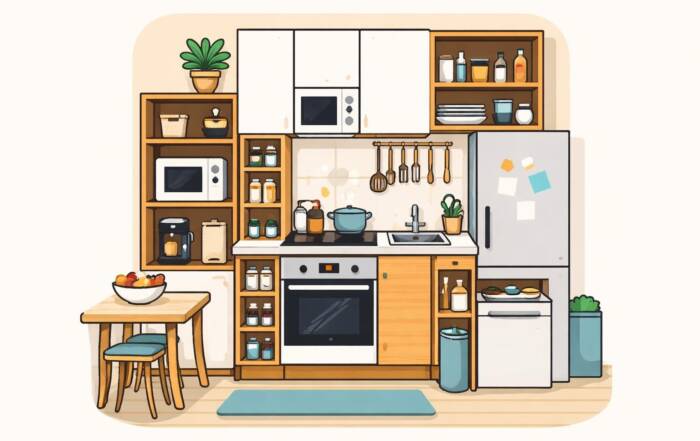 Küchenstudio Illustration einer modernen, organisierten Küche mit Backofen, Kühlschrank, Mikrowelle, Regalen mit Gläsern, einem Esstisch mit Stühlen und verschiedenen Küchenutensilien, die fein säuberlich angeordnet sind.