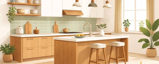 Küchenstudio Eine moderne Küche mit Holzschränken, einer Insel in der Mitte mit zwei Hockern, grün gefliestem Backsplash, Pflanzen, Hängelampen und einem Fenster mit beigen Vorhängen.