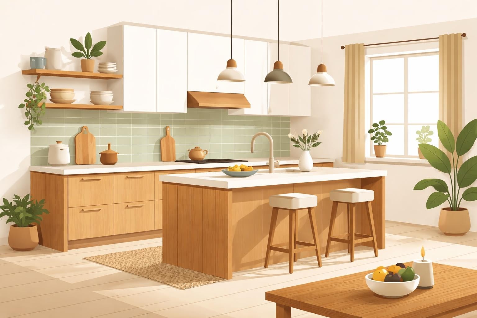 Küchenstudio Eine moderne Küche mit Holzschränken, einer Insel in der Mitte mit zwei Hockern, grün gefliestem Backsplash, Pflanzen, Hängelampen und einem Fenster mit beigen Vorhängen.