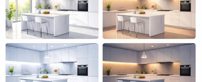 Küchenstudio Vier Bilder zeigen eine moderne weiße Küche mit einer Kochinsel, zwei Hockern und Einbaugeräten, jeweils unter verschiedenen Lichtverhältnissen: Tageslicht, kühl, warm und abends.