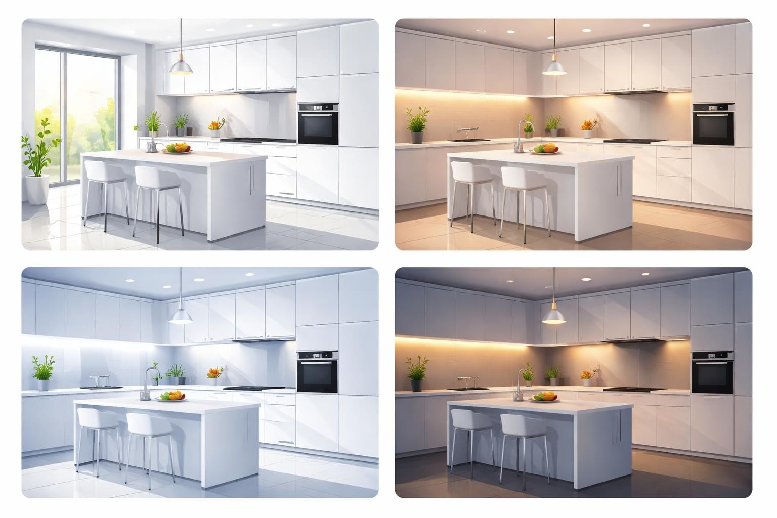Küchenstudio Vier Bilder zeigen eine moderne weiße Küche mit einer Kochinsel, zwei Hockern und Einbaugeräten, jeweils unter verschiedenen Lichtverhältnissen: Tageslicht, kühl, warm und abends. Küchenstudio Vier Bilder zeigen eine moderne weiße Küche mit einer Kochinsel, zwei Hockern und Einbaugeräten, jeweils unter verschiedenen Lichtverhältnissen: Tageslicht, kühl, warm und abends.
