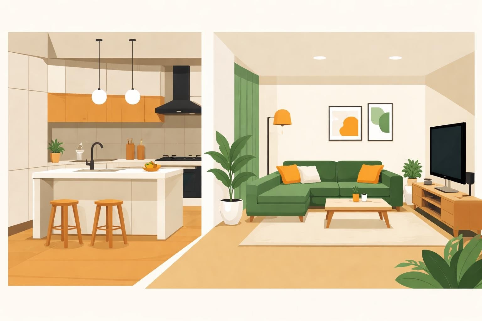Küchenstudio Moderne offene Küche und Wohnzimmer mit grünem Sofa, Kücheninsel mit Hockern, Pflanzen, Wandkunst und minimalistischem Dekor in warmen Tönen. Küchenstudio Moderne offene Küche und Wohnzimmer mit grünem Sofa, Kücheninsel mit Hockern, Pflanzen, Wandkunst und minimalistischem Dekor in warmen Tönen.