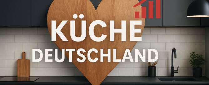 Küchenstudio Moderne Küche mit dunklen Schränken, einem großen Holzherz, dem Schriftzug "KÜCHE DEUTSCHLAND" und einem roten, nach oben zeigenden Grafiksymbol an der Wand.