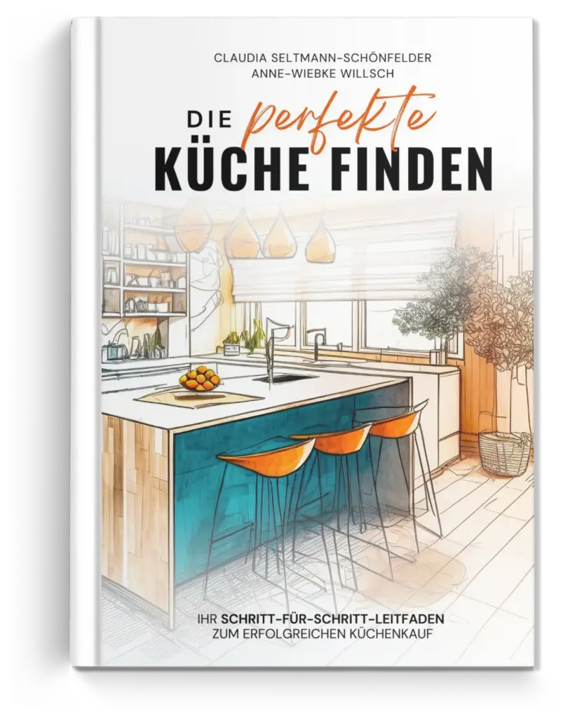 Küchenstudio Buchumschlag mit Abbildung einer modernen Küche mit blauen Schränken, Pendelleuchten und zwei Barhockern; Titel: „Die perfekte Küche finden“ von Claudia Seltmann-Schönfelder und Anne-Wiebke Willsch. Küchenstudio Buchumschlag mit Abbildung einer modernen Küche mit blauen Schränken, Pendelleuchten und zwei Barhockern; Titel: "Die perfekte Küche finden" von Claudia Seltmann-Schönfelder und Anne-Wiebke Willsch.