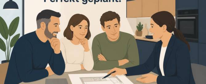 Küchenstudio Vier Personen sitzen um einen Tisch mit Küchenplänen und -mustern und diskutieren über eine Küchenplanung. An der Wand steht auf Deutsch: "Ihre Küche. Perfekt geplant.