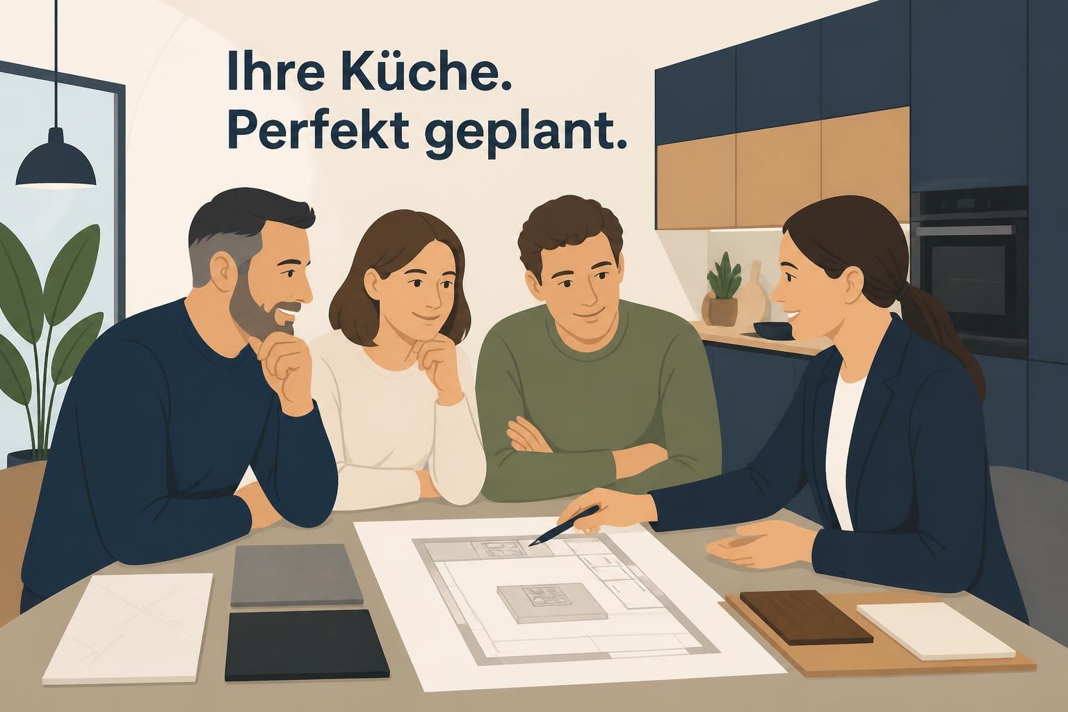 Küchenstudio Vier Personen sitzen um einen Tisch mit Küchenplänen und -mustern und diskutieren über eine Küchenplanung. An der Wand steht auf Deutsch: „Ihre Küche. Perfekt geplant. Küchenstudio Vier Personen sitzen um einen Tisch mit Küchenplänen und -mustern und diskutieren über eine Küchenplanung. An der Wand steht auf Deutsch: "Ihre Küche. Perfekt geplant.