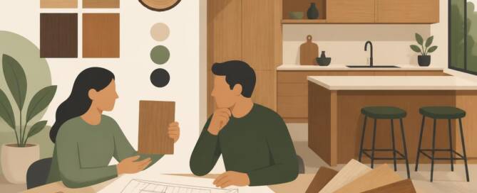 Küchenstudio Zwei Personen sitzen an einem Tisch in einer modernen Küche und begutachten neben Architekturplänen auch Holzmuster und Farbmuster.