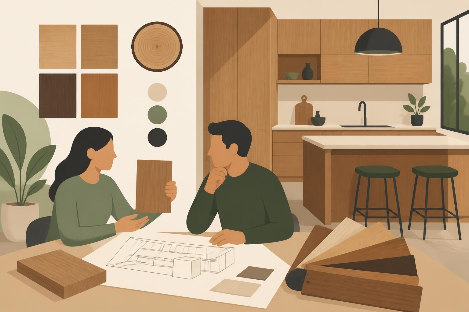 Küchenstudio Zwei Personen sitzen an einem Tisch in einer modernen Küche und begutachten neben Architekturplänen auch Holzmuster und Farbmuster. Küchenstudio Zwei Personen sitzen an einem Tisch in einer modernen Küche und begutachten neben Architekturplänen auch Holzmuster und Farbmuster.