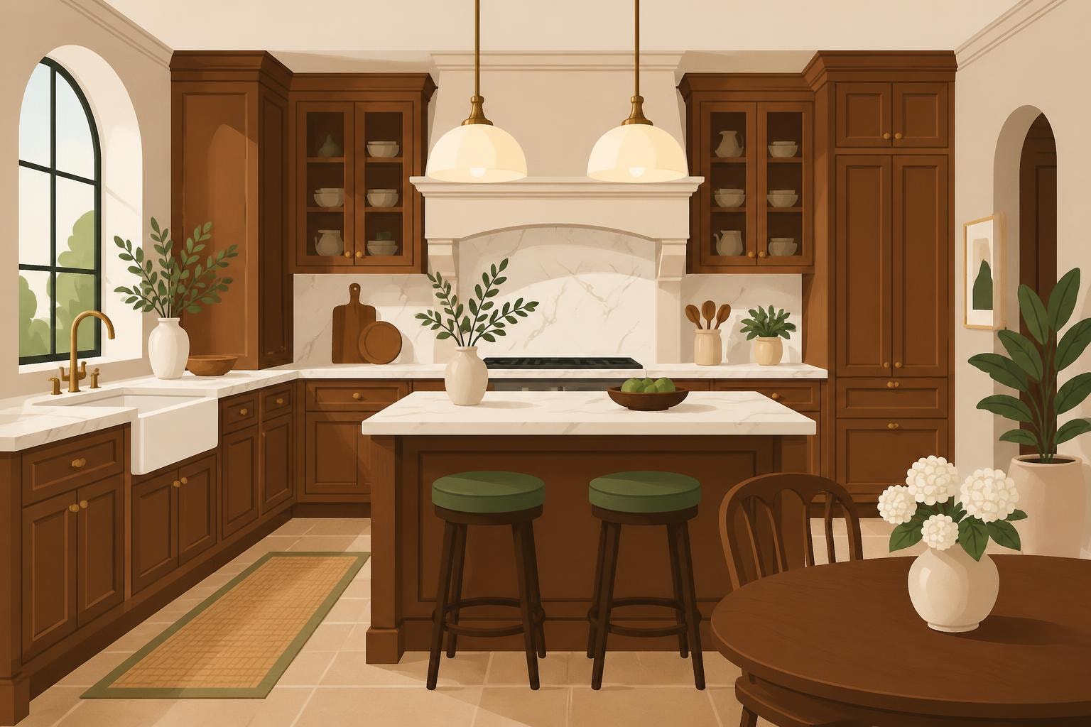 Küchenstudio Eine moderne Küche mit braunen Schränken, weißen Marmorarbeitsplatten, einer zentralen Insel mit zwei Hockern, Hängelampen und verschiedenen Pflanzen und Küchengeräten. Küchenstudio Eine moderne Küche mit braunen Schränken, weißen Marmorarbeitsplatten, einer zentralen Insel mit zwei Hockern, Hängelampen und verschiedenen Pflanzen und Küchengeräten.