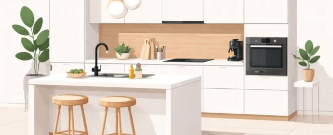 Küchenstudio Moderne Küche mit weißen Schränken, einer Insel mit zwei Holzhockern, Einbaugeräten, Topfpflanzen, Hängelampen und minimalem Dekor.