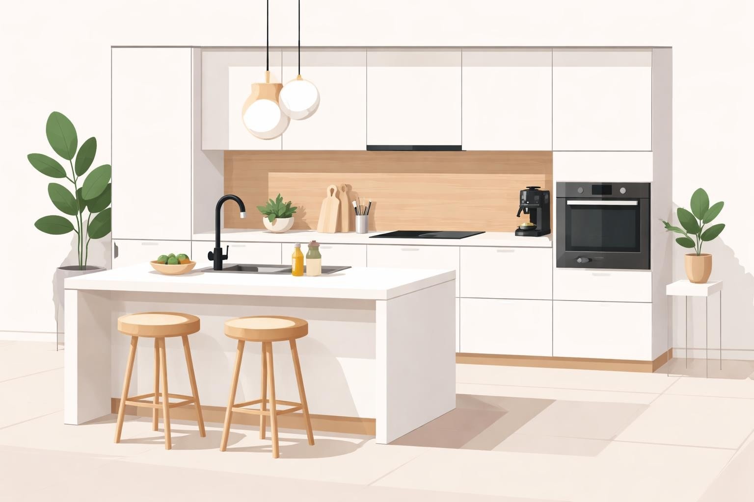 Küchenstudio Moderne Küche mit weißen Schränken, einer Insel mit zwei Holzhockern, Einbaugeräten, Topfpflanzen, Hängelampen und minimalem Dekor.