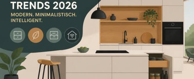 Küchenstudio Moderne minimalistische Küche mit weißen Schränken, Holzregalen und Insel; offene Schubladen, Pendelleuchte, Topfpflanze und deutscher Text über Küchentrends 2026 auf der linken Seite.