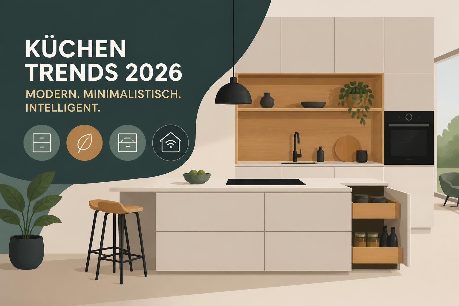 Küchenstudio Moderne minimalistische Küche mit weißen Schränken, Holzregalen und Insel; offene Schubladen, Pendelleuchte, Topfpflanze und deutscher Text über Küchentrends 2026 auf der linken Seite. Küchenstudio Moderne minimalistische Küche mit weißen Schränken, Holzregalen und Insel; offene Schubladen, Pendelleuchte, Topfpflanze und deutscher Text über Küchentrends 2026 auf der linken Seite.