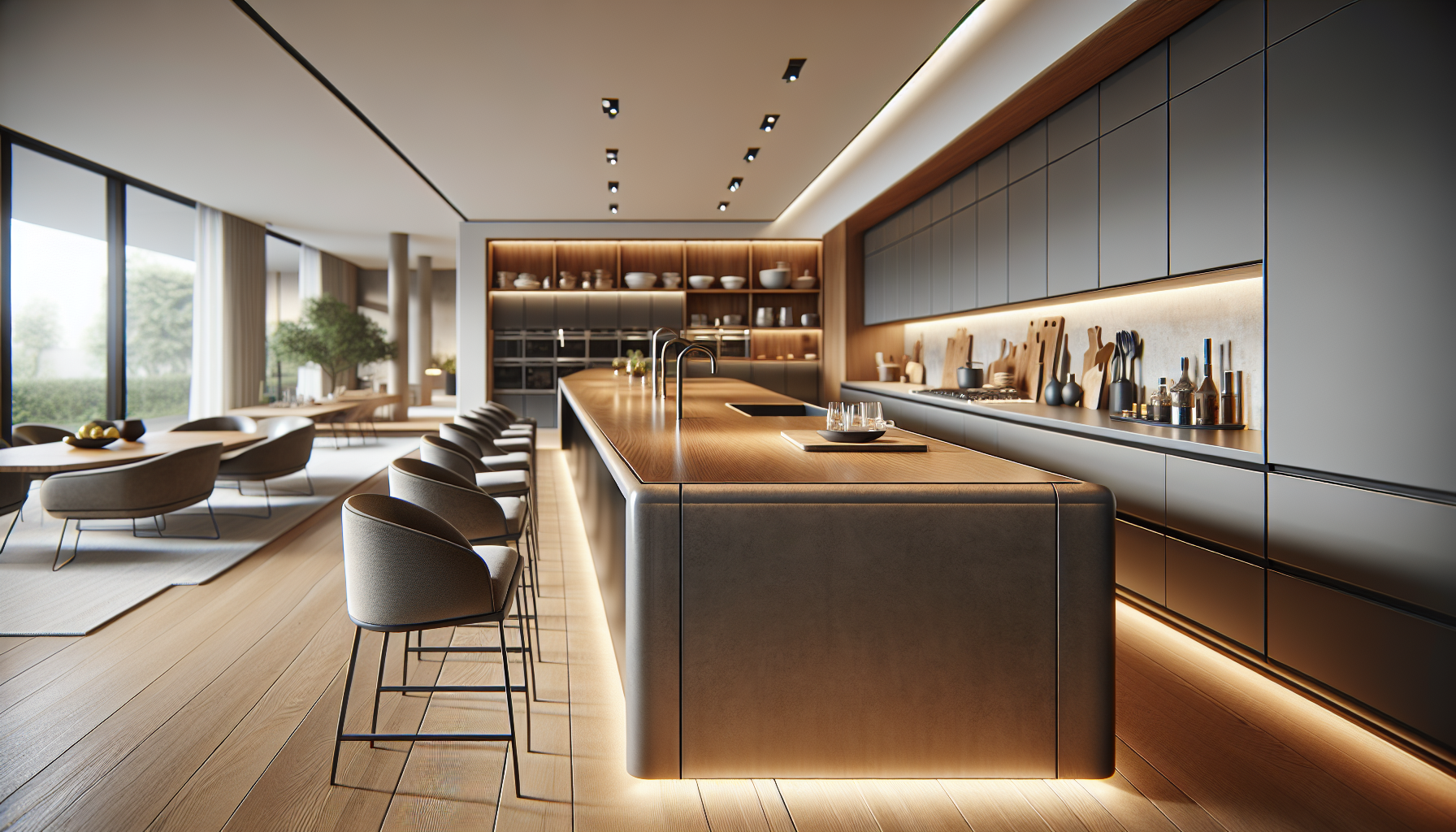 Küchenstudio Eine moderne Küche mit einer großen Insel, Barhockern, eleganten Schränken, Einbaugeräten und Unterbauleuchten, die mit einem offenen Wohnbereich mit großen Fenstern verbunden ist. Thekenplatte Küche: Materialien, Maße & Planung