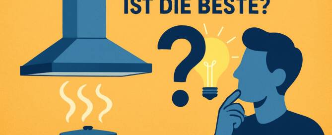 Küchenstudio Illustration einer denkenden Person neben einem Herd mit Dunstabzugshaube, einem Fragezeichen und dem deutschen Text "Welche Dunstabzugshaube ist die beste?.
