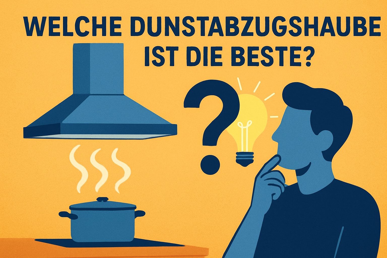 Küchenstudio Illustration einer denkenden Person neben einem Herd mit Dunstabzugshaube, einem Fragezeichen und dem deutschen Text „Welche Dunstabzugshaube ist die beste?. Küchenstudio Illustration einer denkenden Person neben einem Herd mit Dunstabzugshaube, einem Fragezeichen und dem deutschen Text "Welche Dunstabzugshaube ist die beste?.