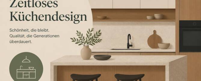 Küchenstudio Moderne Küche mit beigen und hölzernen Schränken, einer Marmorinsel mit zwei schwarzen Hockern und minimalistischem Dekor; deutscher Text, der zeitloses Küchendesign bewirbt.