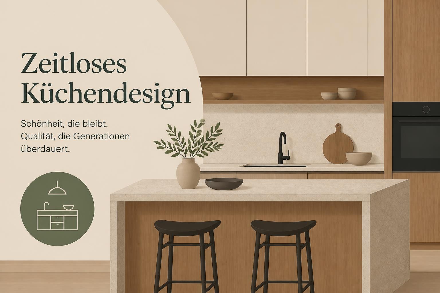 Küchenstudio Moderne Küche mit beigen und hölzernen Schränken, einer Marmorinsel mit zwei schwarzen Hockern und minimalistischem Dekor; deutscher Text, der zeitloses Küchendesign bewirbt. Küchenstudio Moderne Küche mit beigen und hölzernen Schränken, einer Marmorinsel mit zwei schwarzen Hockern und minimalistischem Dekor; deutscher Text, der zeitloses Küchendesign bewirbt.